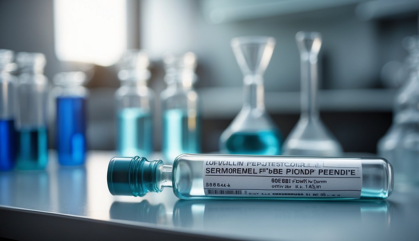 A vial of Sermorelin peptide sits on a laboratory bench, surrounded by scientific equipment and glassware. The label on the vial is clearly visible, and a scientific journal lies open nearby