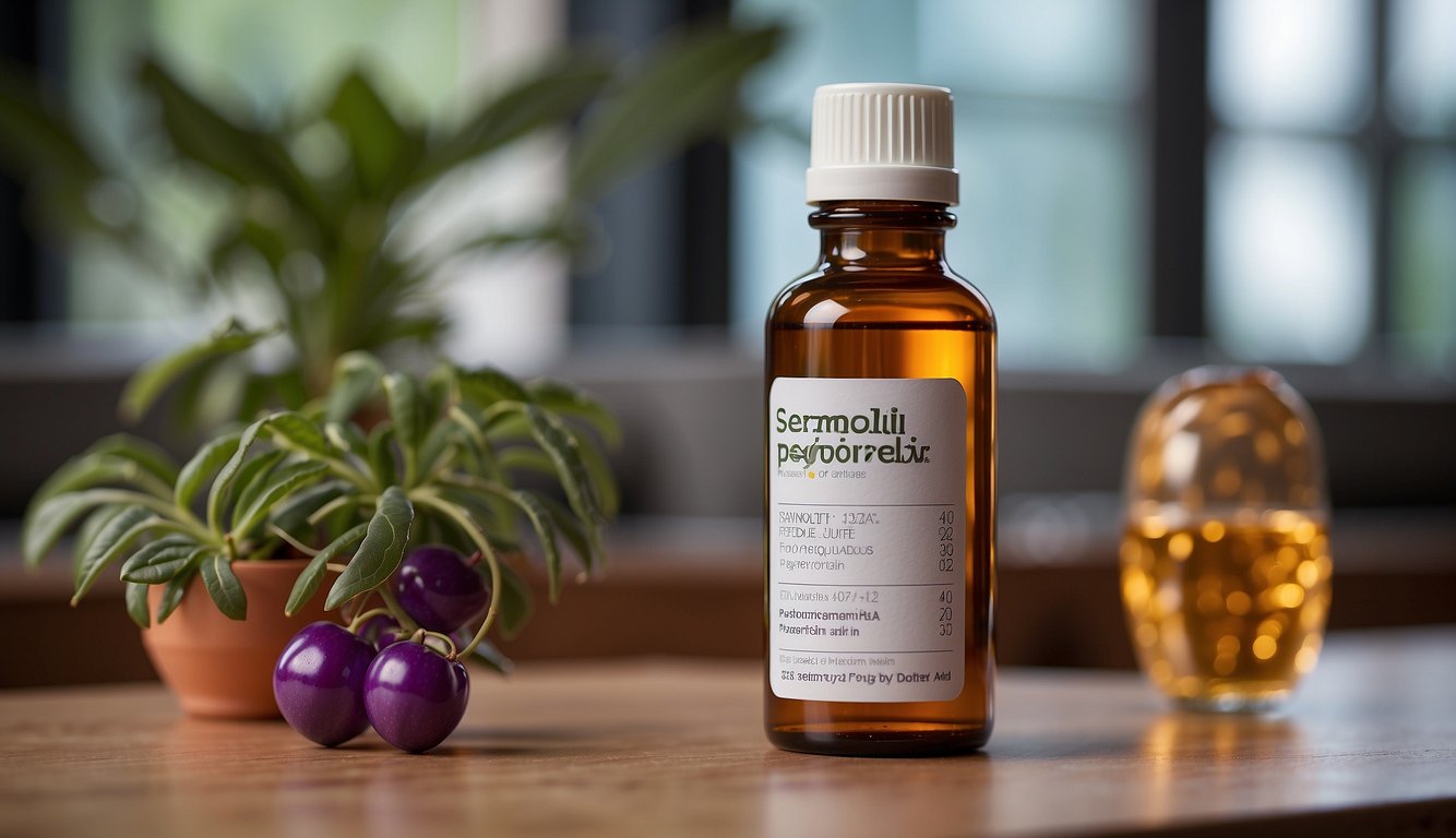 A bottle of Sermorelin peptide with a label listing frequently asked questions