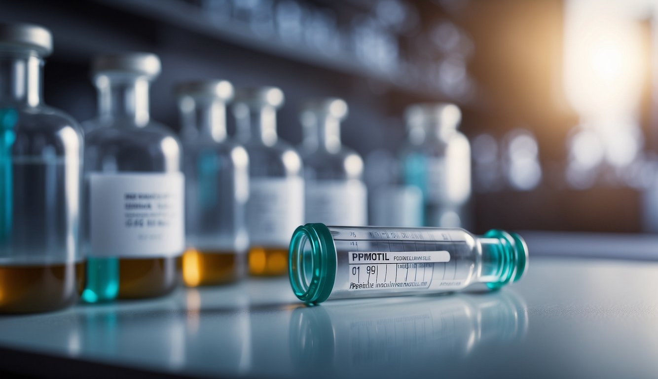 A vial of Ipamorelin peptide resting on a laboratory bench, surrounded by scientific equipment and tools
