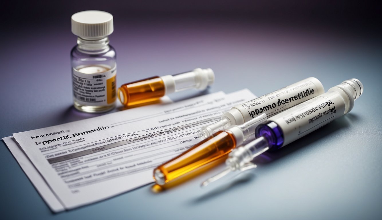 A vial of Ipamorelin peptide with a syringe next to it, along with a dosage chart and instructions for administration