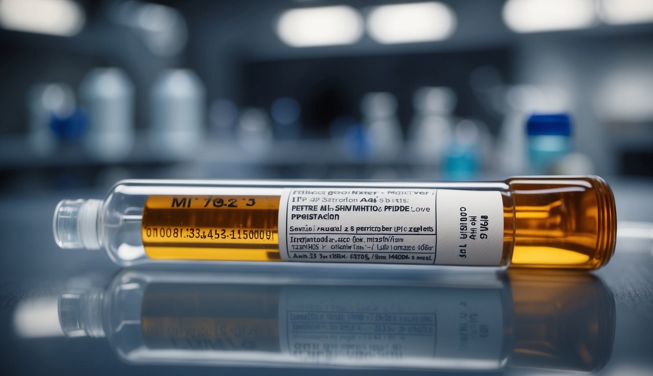 A vial of Ipamorelin peptide sits on a laboratory table, surrounded by scientific equipment and a warning label
