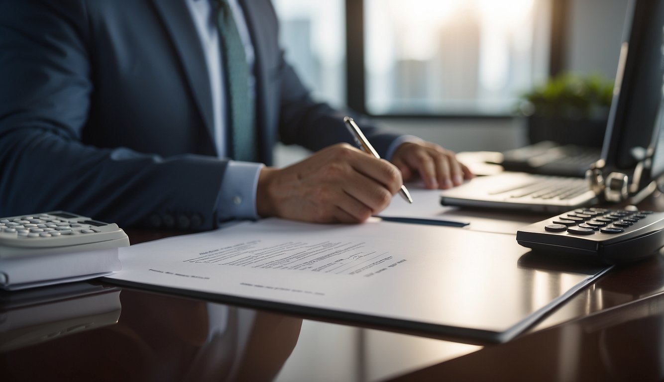An office setting with a scale, a computer, and legal documents related to Ipamorelin peptide. A person is signing a document with a pen