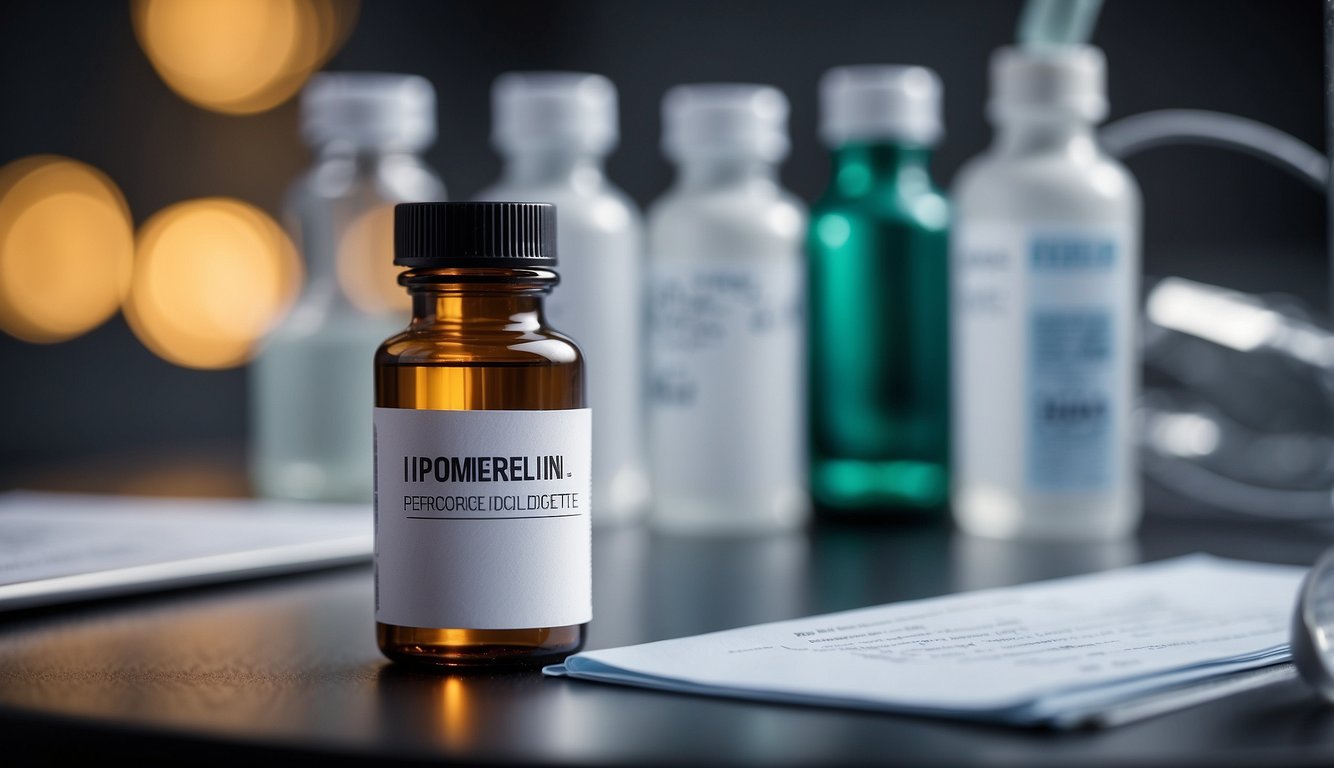 A vial of Ipamorelin peptide with a label, surrounded by scientific equipment and research papers