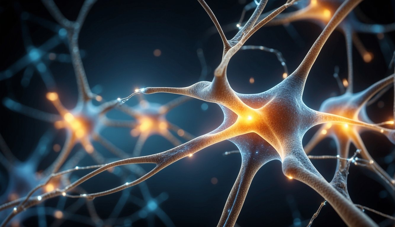 Neurons firing, with synapsin proteins bridging the gap between axon and dendrite, creating a network of communication within the brain