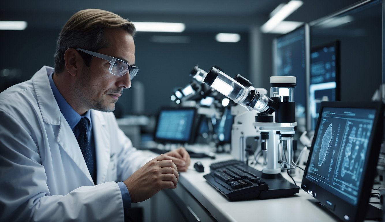 A laboratory setting with test tubes, microscopes, and brain models. A scientist examines data on a computer screen, while others discuss findings