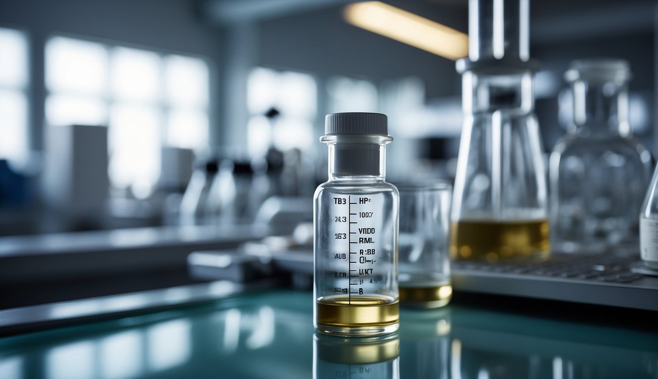 A vial of Thymosin Alpha-1 peptide suspended in clear liquid, surrounded by scientific equipment and labeled glassware in a sterile laboratory setting