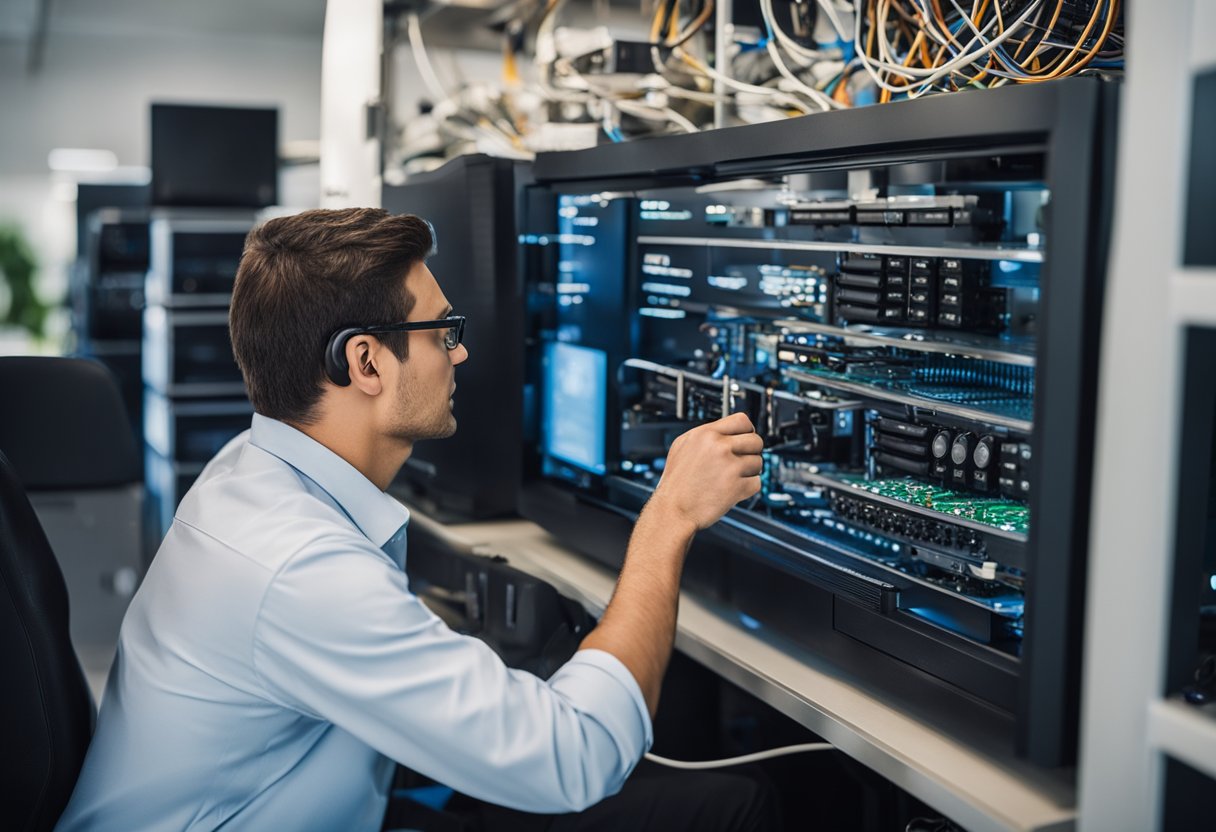 Ein Techniker schließt Kabel an ein Modem und einen Fernseher an, während er die Einstellungen an einem Computer für die IPTV-Einrichtung anpasst