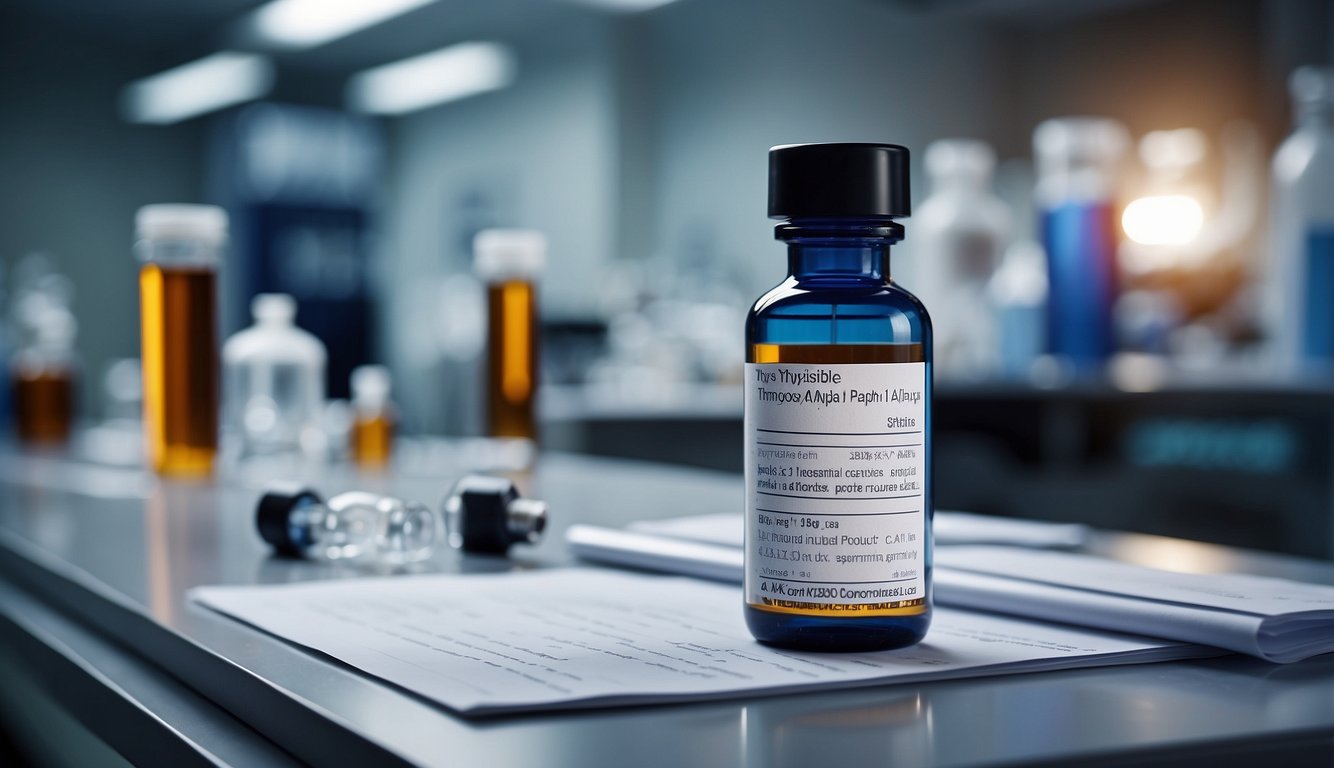 A vial of thymosin alpha-1 peptide sits on a lab bench, surrounded by scientific equipment and research papers