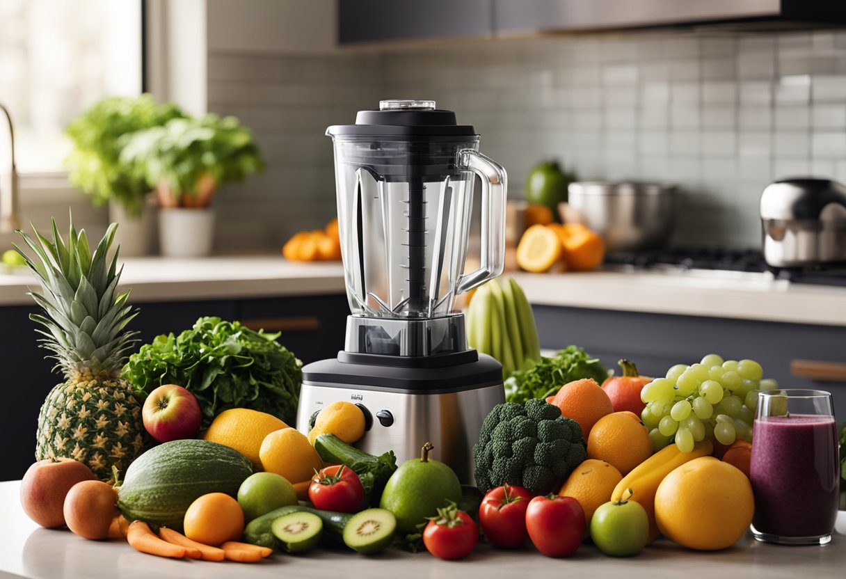 A colorful array of fresh fruits and vegetables, a blender, and a variety of smoothie recipes laid out on a kitchen counter