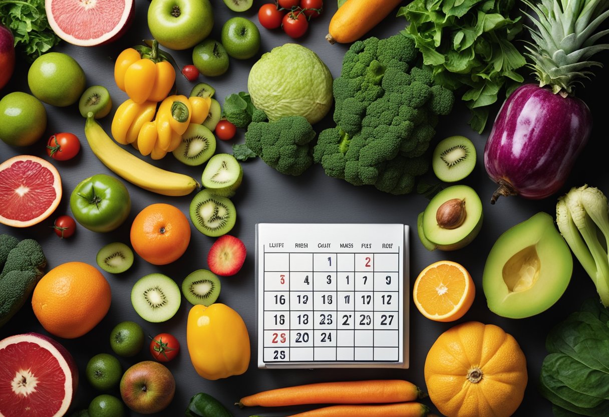 A colorful array of fresh fruits and vegetables, a blender, and a calendar with 21 days highlighted