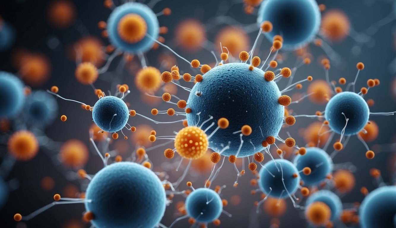 A laboratory setting with cells and molecules interacting, showing the immunological and anti-inflammatory effects of thymosin beta-4 peptide