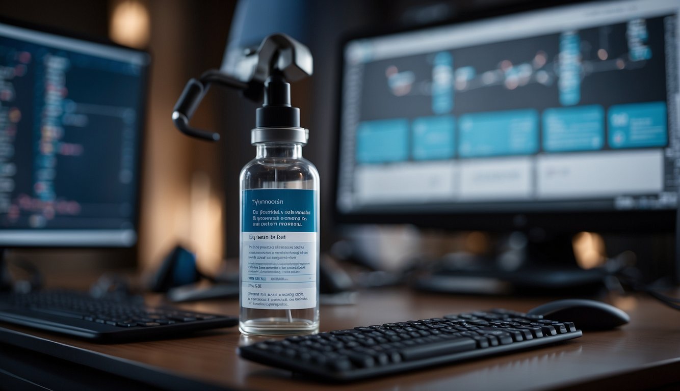 A vial of Thymosin Beta-4 peptide surrounded by scientific equipment and a list of frequently asked questions displayed on a computer screen