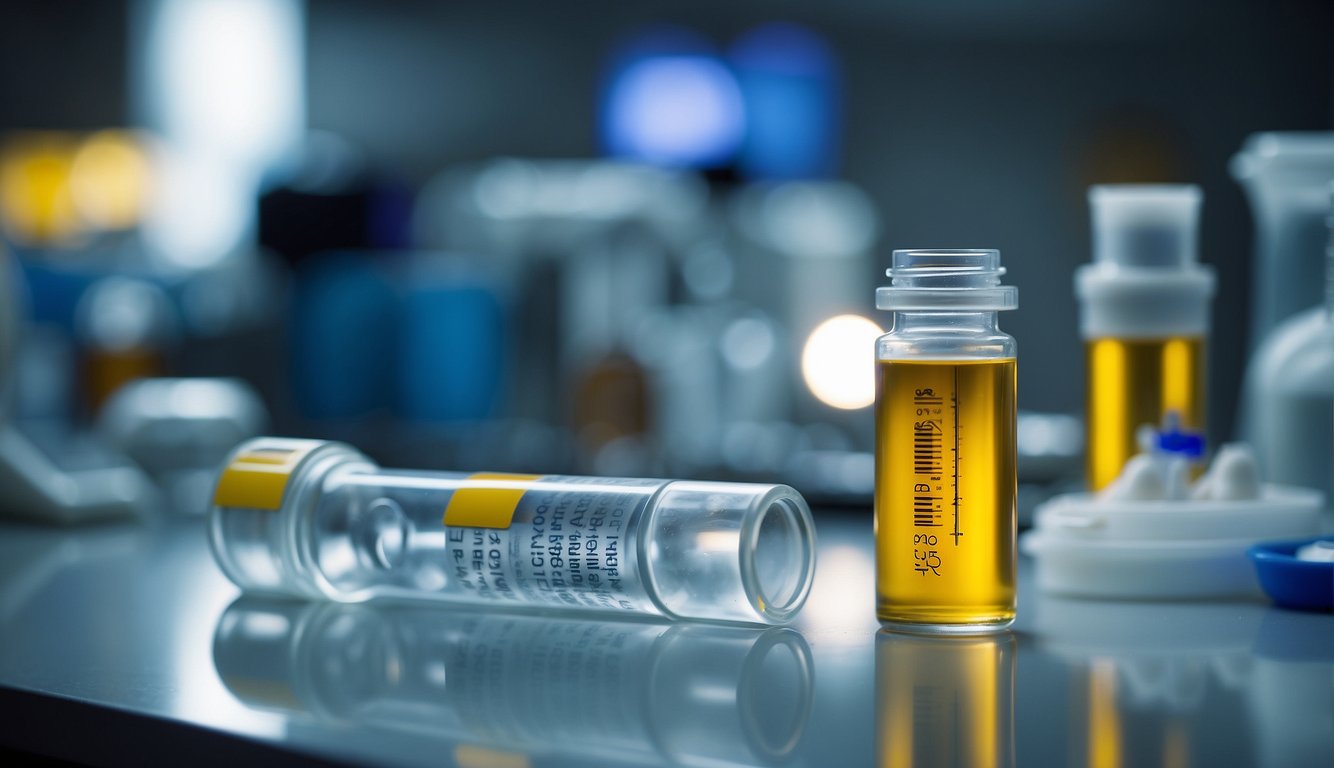 A vial of TB-500 peptide sits on a laboratory bench, surrounded by scientific equipment and tools