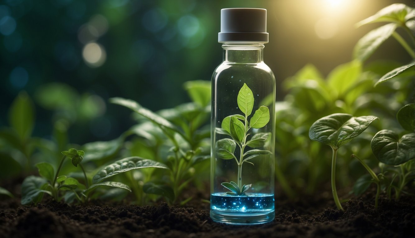 A vial of TB-500 peptide glowing with healing energy, surrounded by vibrant green plant life and glowing particles