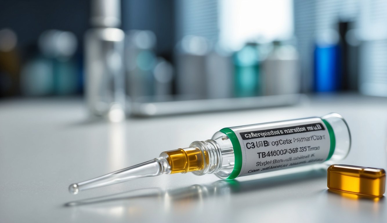 A vial of TB-500 peptide sits on a clean, white surface with a syringe nearby. The label clearly displays dosage and administration guidelines