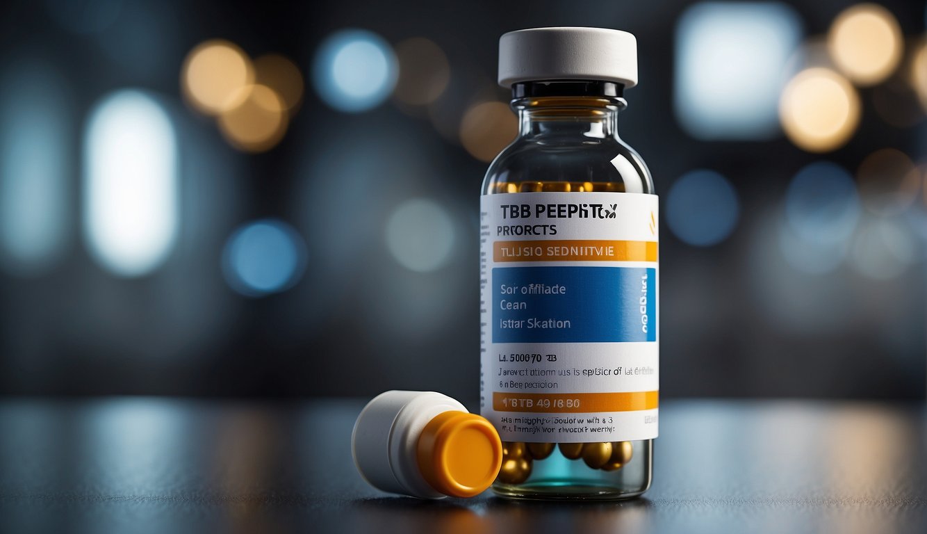 A vial of TB-500 peptide with a safety profile label. Caution sign and list of potential side effects displayed