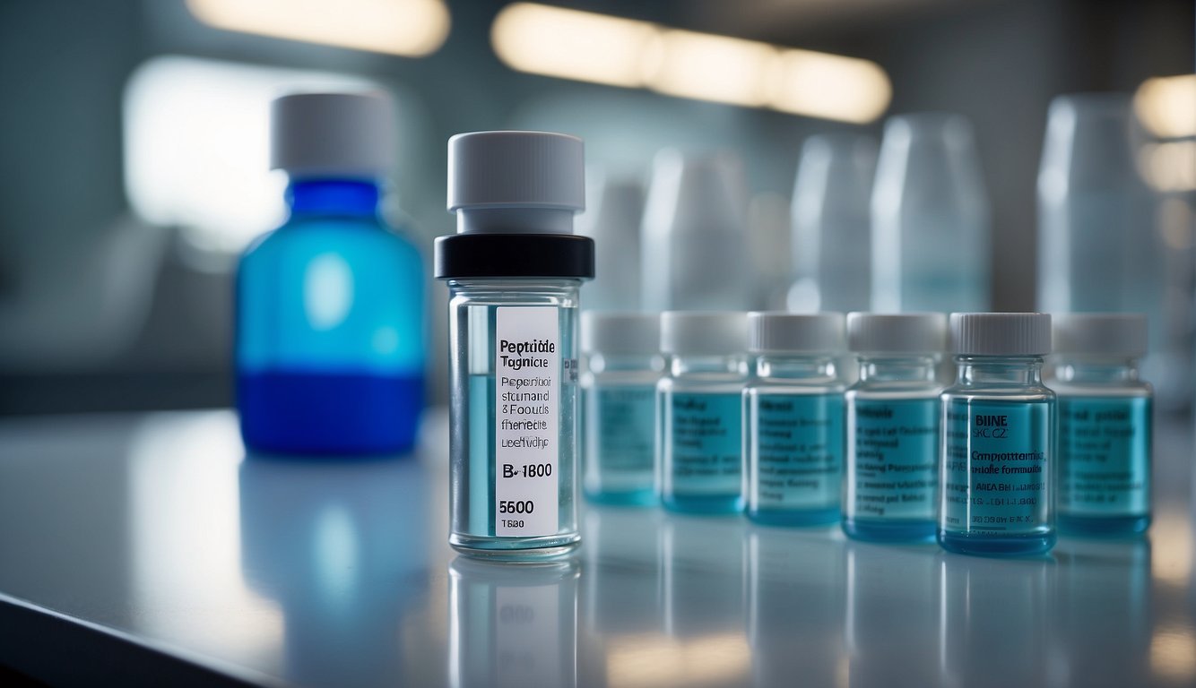 A vial of TB-500 peptide surrounded by complementary peptides and other supporting compounds on a laboratory bench