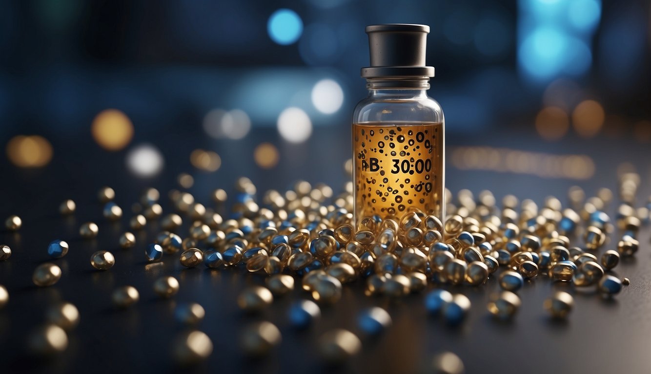 A vial of TB-500 peptide surrounded by question marks and a FAQ sign