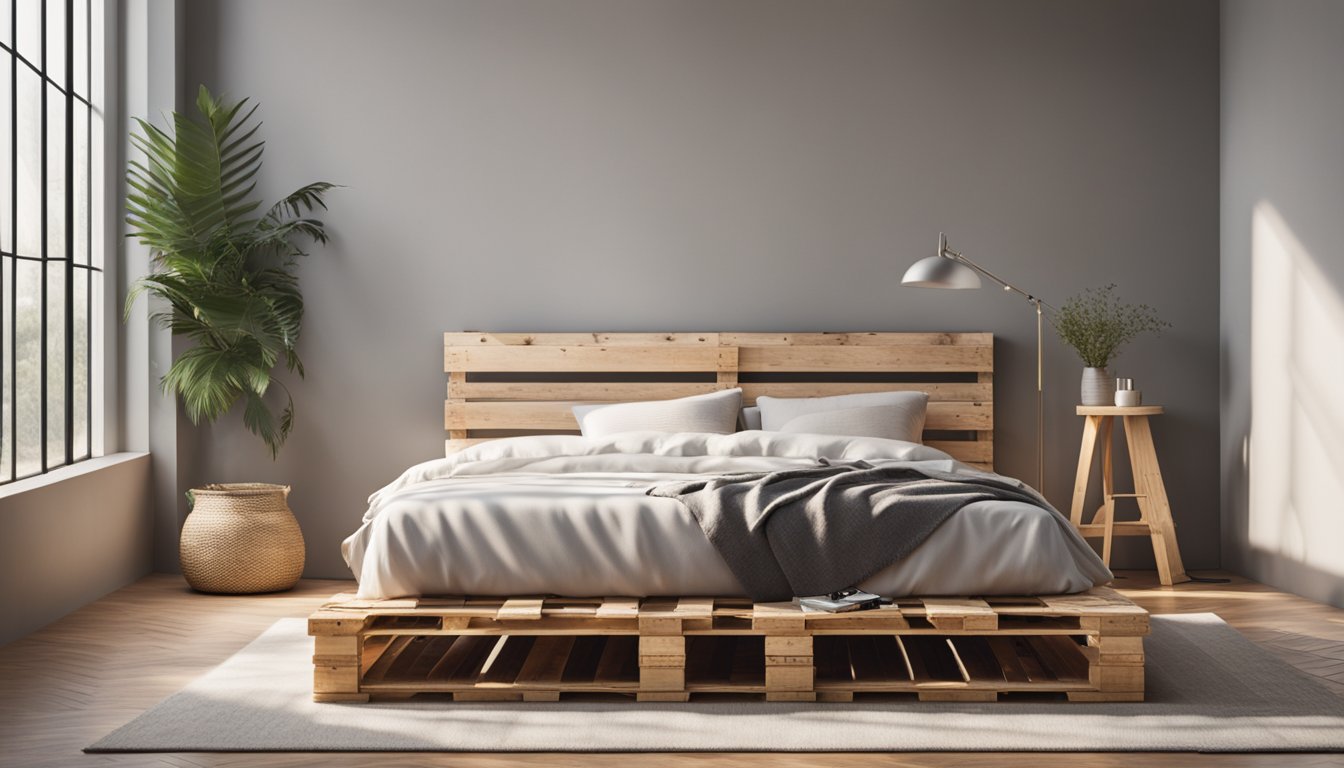 A pallet bed with wooden slats, mattress, and pillows in a cozy, minimalist bedroom with natural light streaming in through a window