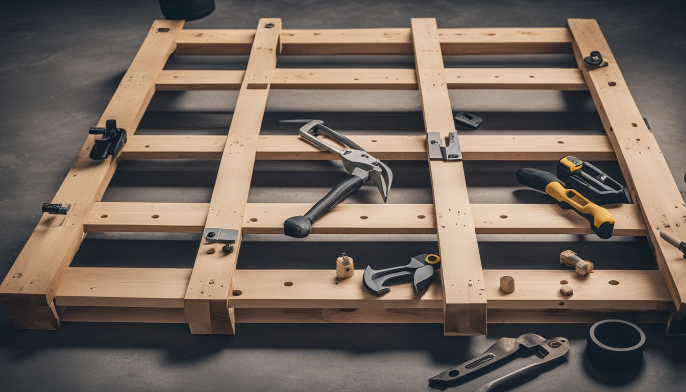 A step-by-step guide to assembling a pallet bed with tools and materials laid out