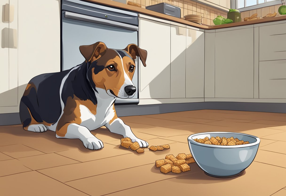 A dog eagerly eats tempeh from a bowl on the kitchen floor