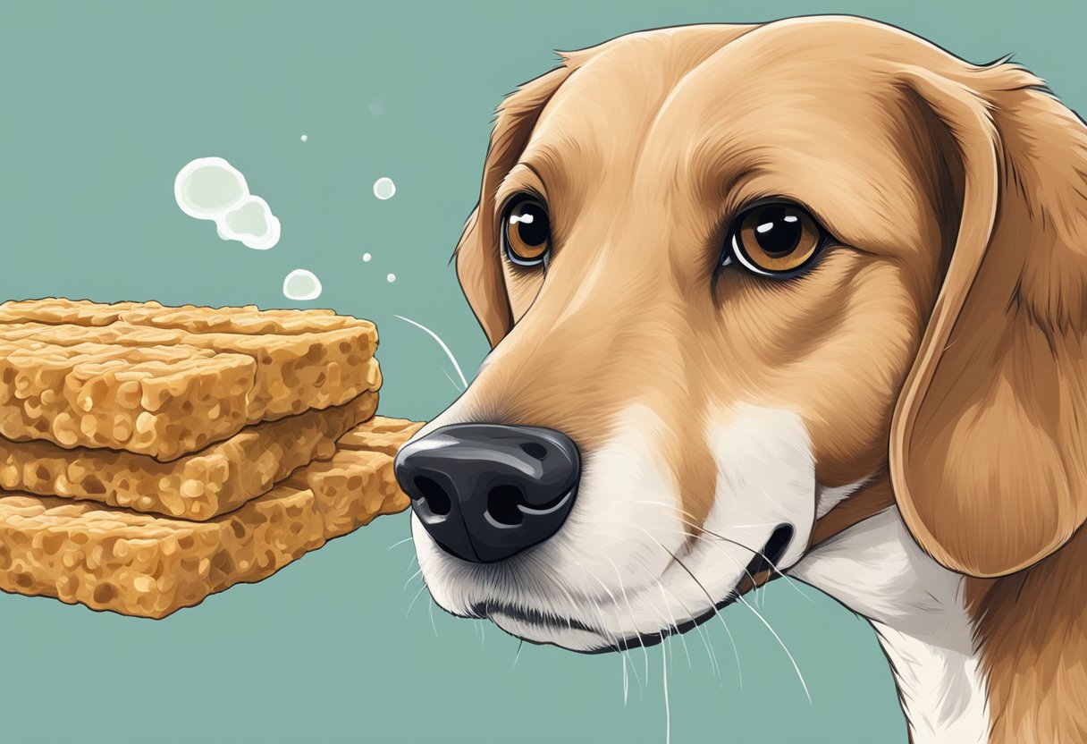 A dog sniffs a piece of tempeh, looking curious and interested