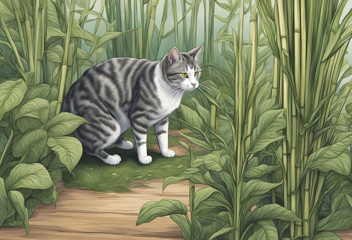 A cat sniffs a mass cane plant, showing signs of distress