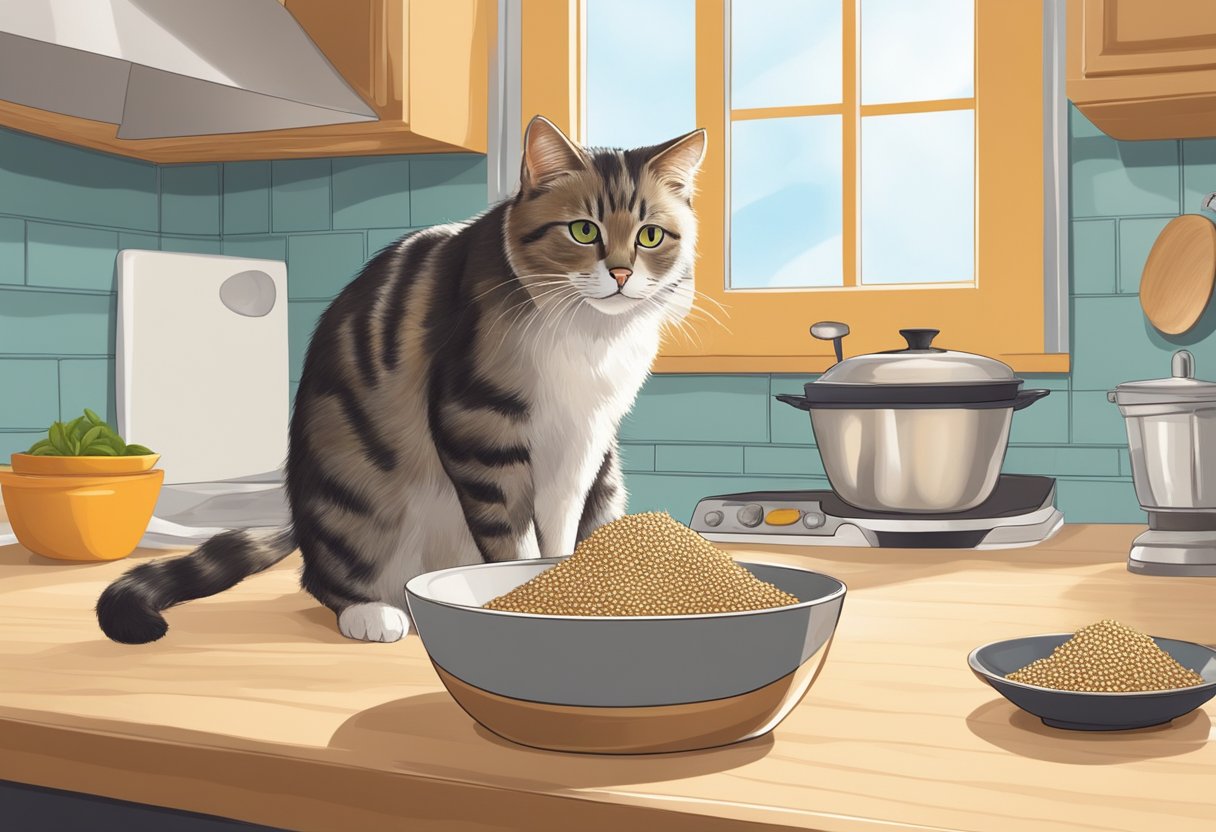 A curious cat investigates a bowl of sesame seeds on the kitchen counter