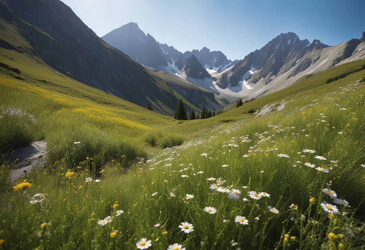 A serene mountain landscape with a clear blue sky, featuring a peaceful alpine meadow with wildflowers and a winding hiking trail