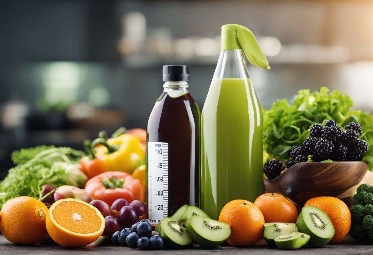 Alpilean works: a bottle of Alpilean surrounded by healthy fruits and vegetables, with a measuring tape and a scale in the background