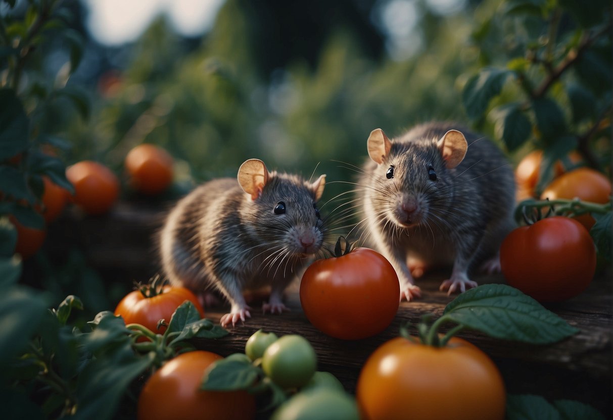 Rats devour tomatoes in a garden at dusk