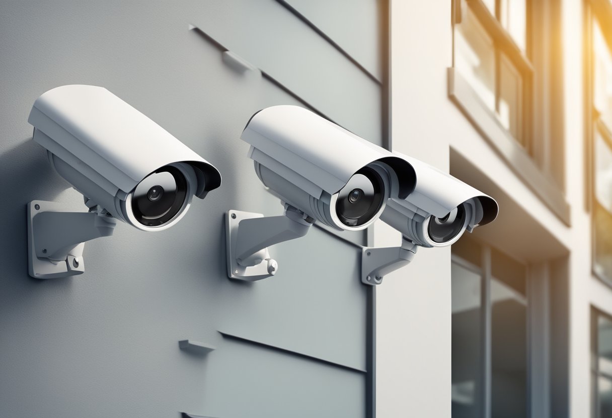 Three outdoor security cameras mounted on a building, facing different directions. Each camera has a motion sensor and is positioned for maximum coverage