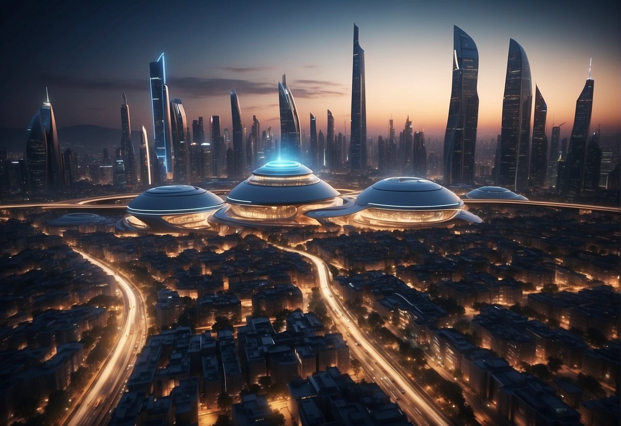 A futuristic city skyline with glowing, interconnected buildings and sleek, high-speed transportation systems