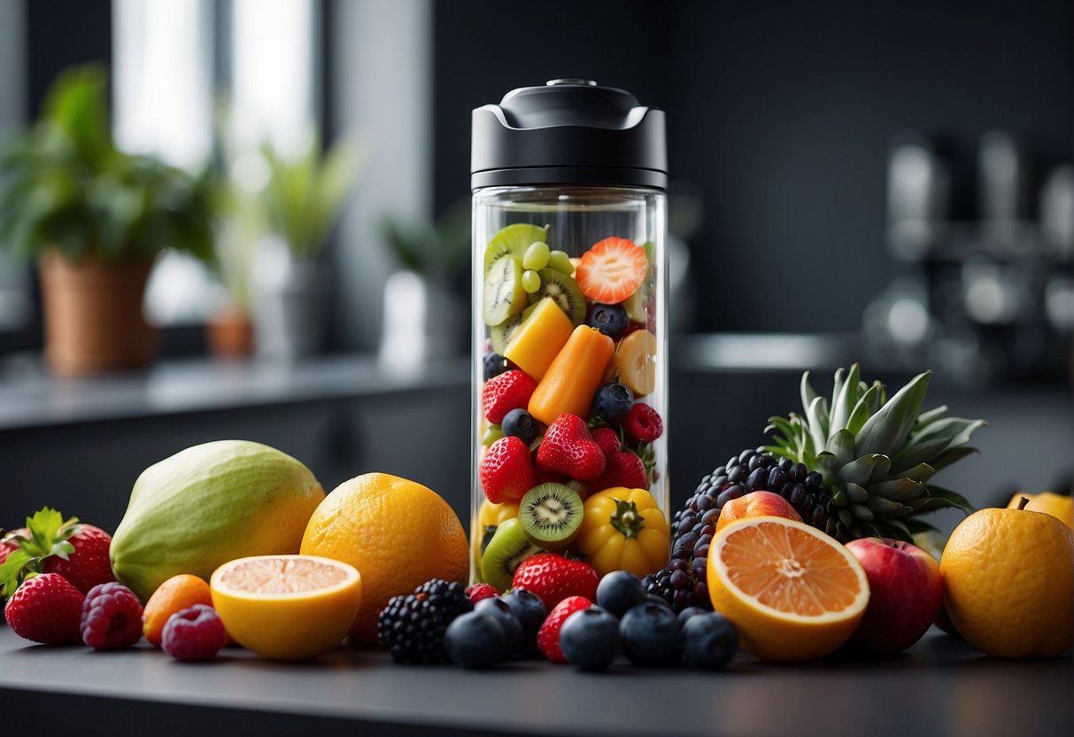 MetaBooster is seamlessly blended into a vibrant fitness and nutrition setting, with colorful fruits, vegetables, and exercise equipment surrounding the product