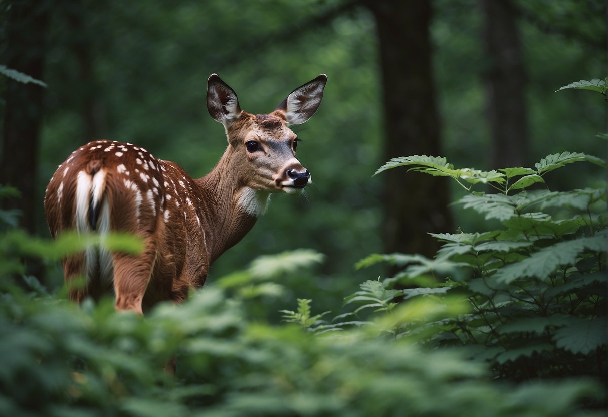 A deer munches on raspberry bushes in a lush forest clearing