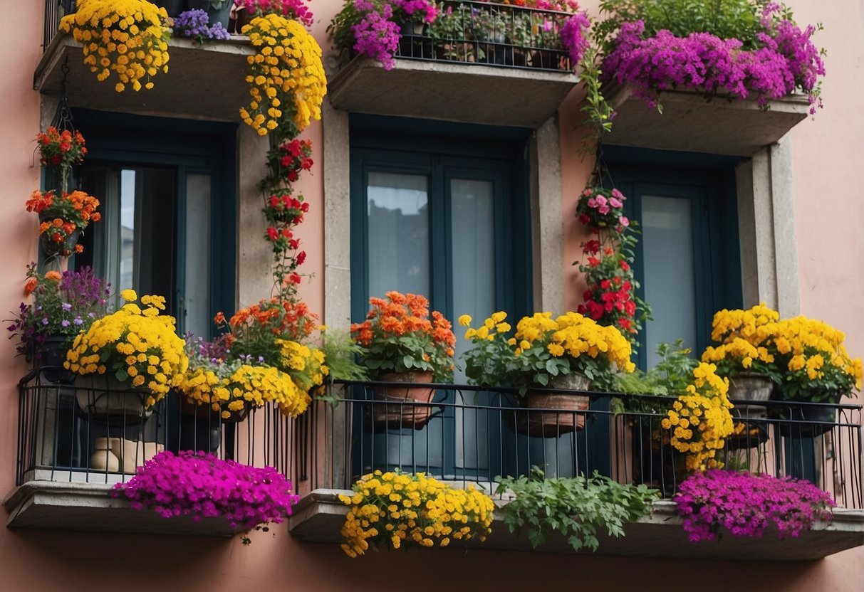 Vibrant flowers and lush foliage fill the balconies of Madrid, Spain. Colorful pots and hanging baskets create a picturesque urban garden
