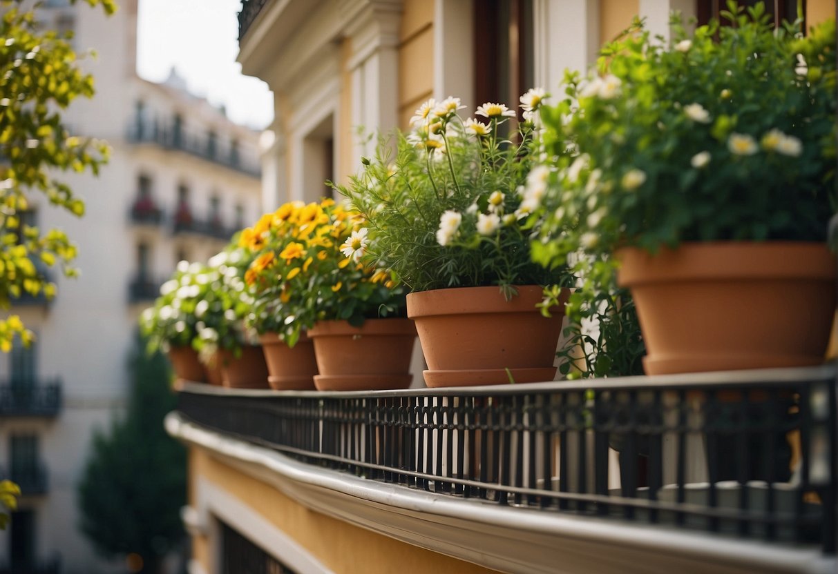 Lush greenery fills the small balconies, featuring a variety of potted plants and flowers in full bloom, creating a vibrant display of botanical diversity in Madrid's balcony gardens