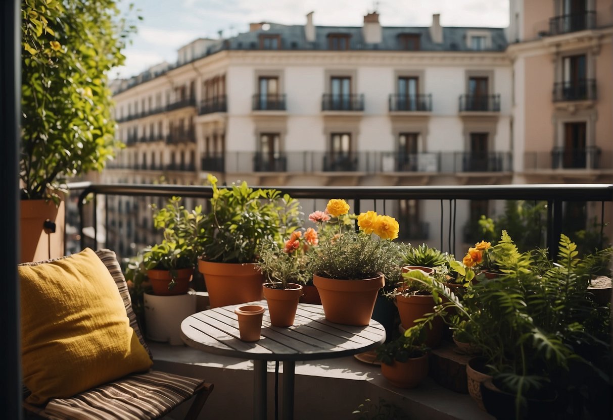 Lush plants and colorful flowers fill a small balcony overlooking the bustling streets of Madrid. A cozy seating area and educational materials create a peaceful and informative space
