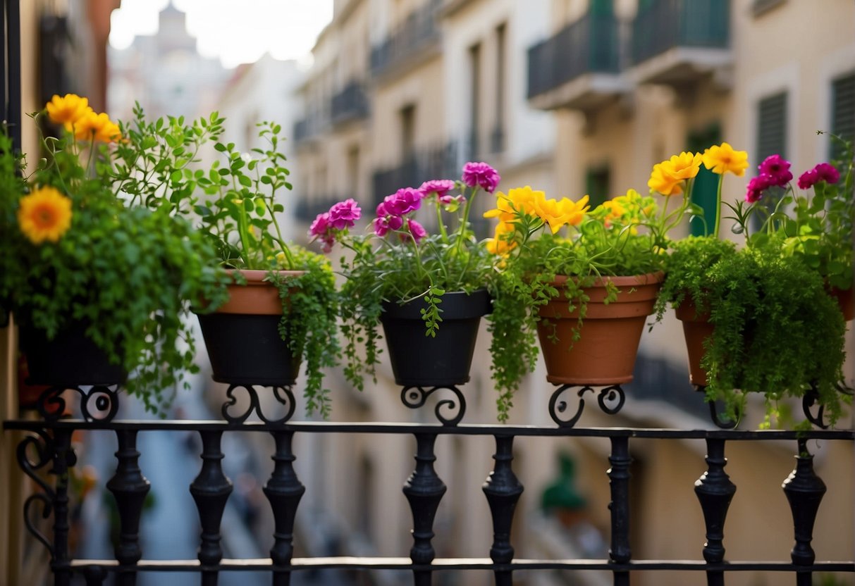 Lush greenery cascades over wrought-iron railings, vibrant flowers bloom in window boxes, and herbs thrive in small pots. The cityscape provides a picturesque backdrop for the flourishing urban gardens