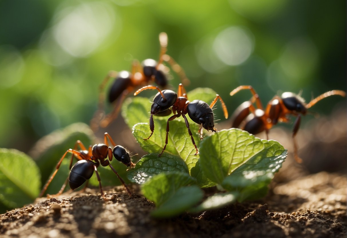 Ants cluster around a sprig of fresh mint, their antennae twitching with curiosity