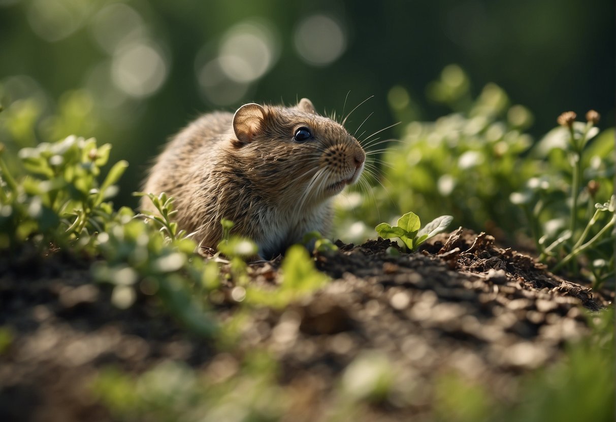 Voles munch on green plants in a lush meadow