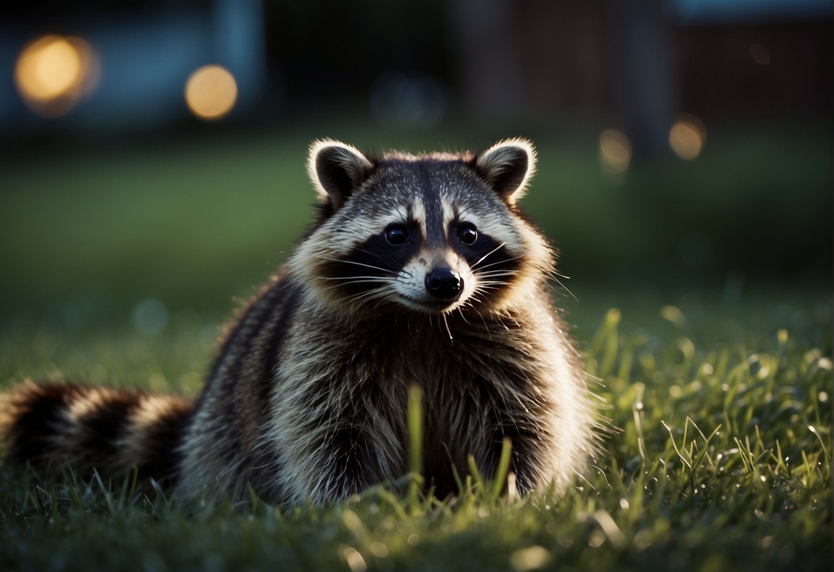 A raccoon munches on grass in a moonlit backyard