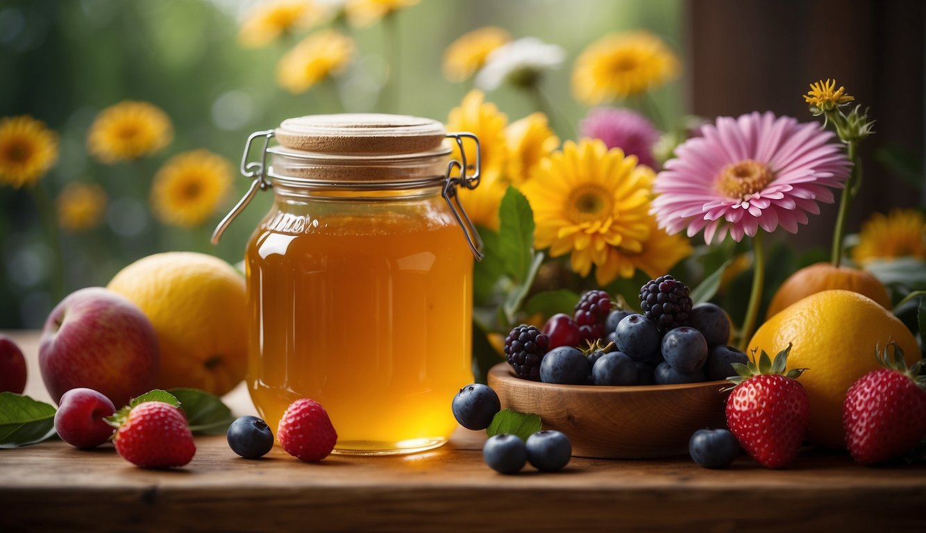 A jar of honey surrounded by colorful fruits and flowers