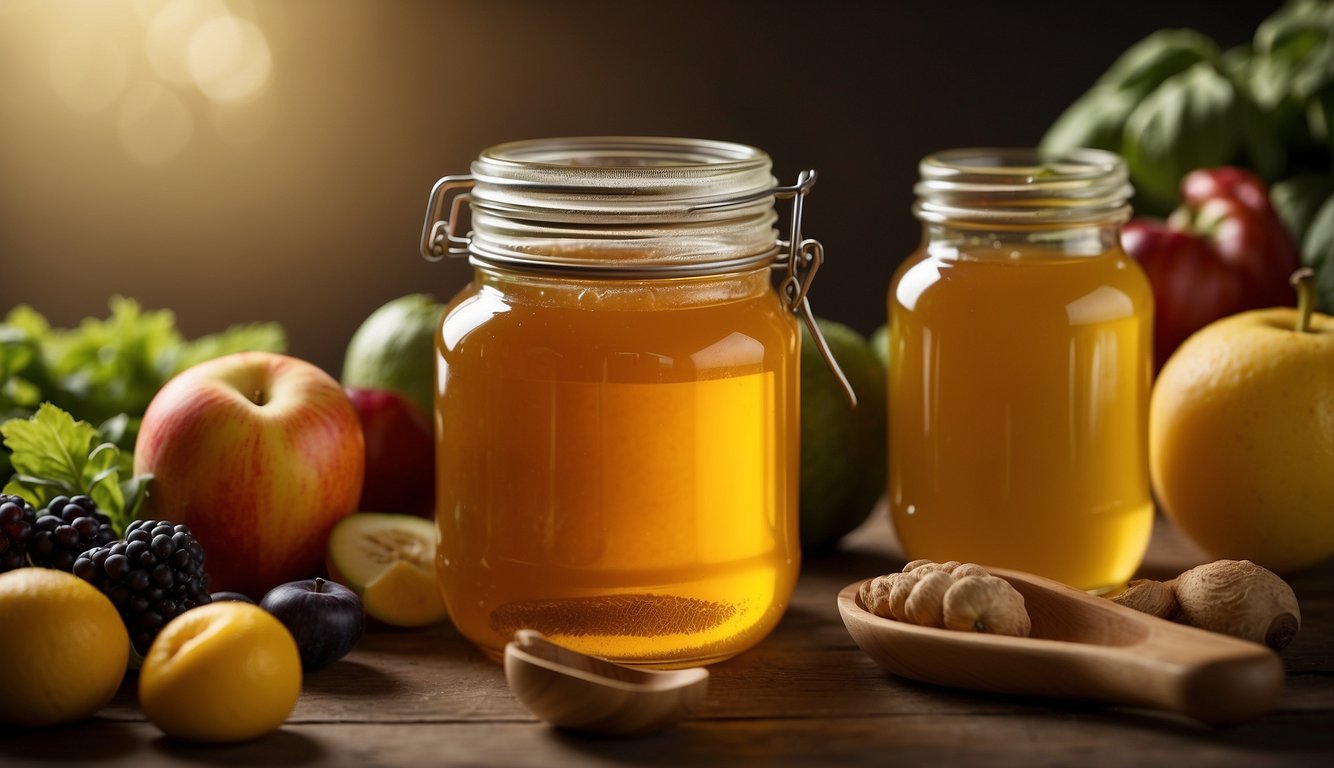 A jar of honey surrounded by fruits and vegetables, with a clear label indicating its vegetarian-friendly status