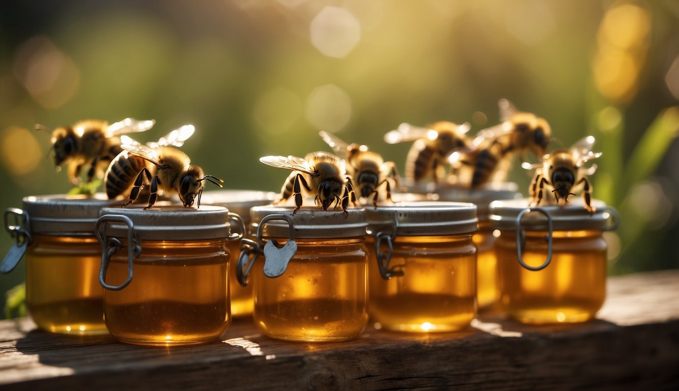 Bees buzzing around beehive, collecting nectar. Honey jars on a shelf, with a question mark above them