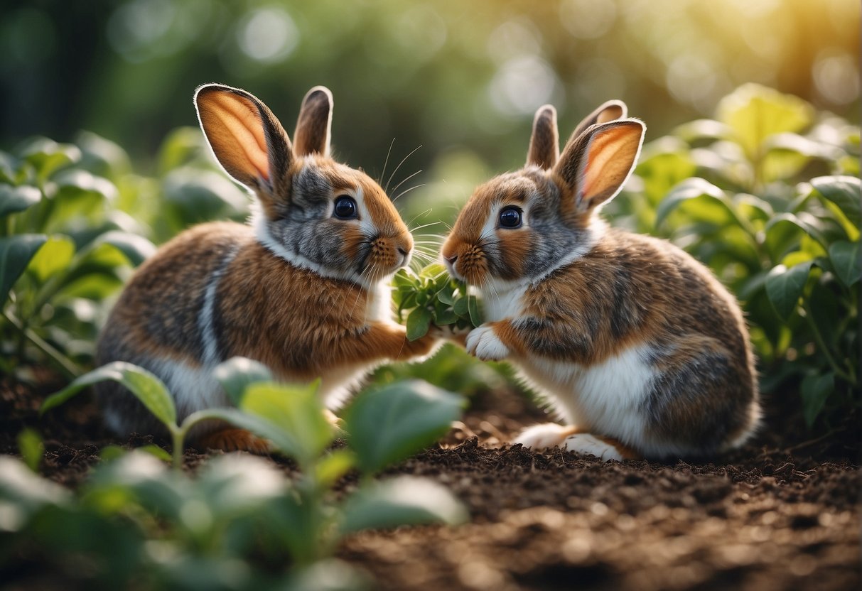 Rabbits devouring bean plants in a garden