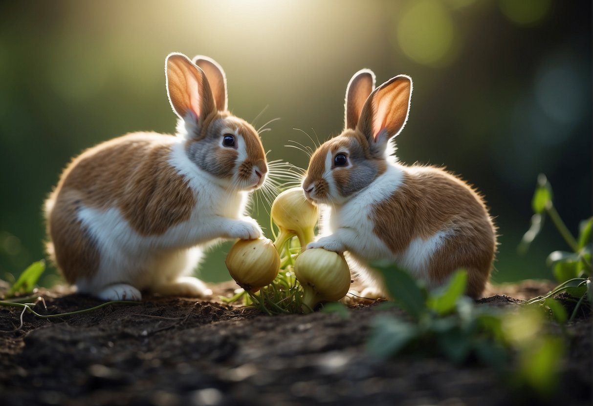 Two rabbits sniffing a garlic bulb with curiosity