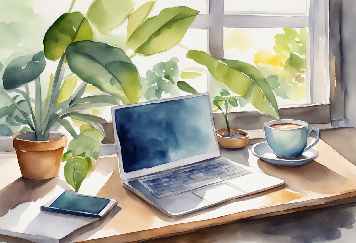 A desk with a laptop, notebook, and pen. A plant in a pot and a cup of coffee on the side. Bright natural light coming in through the window