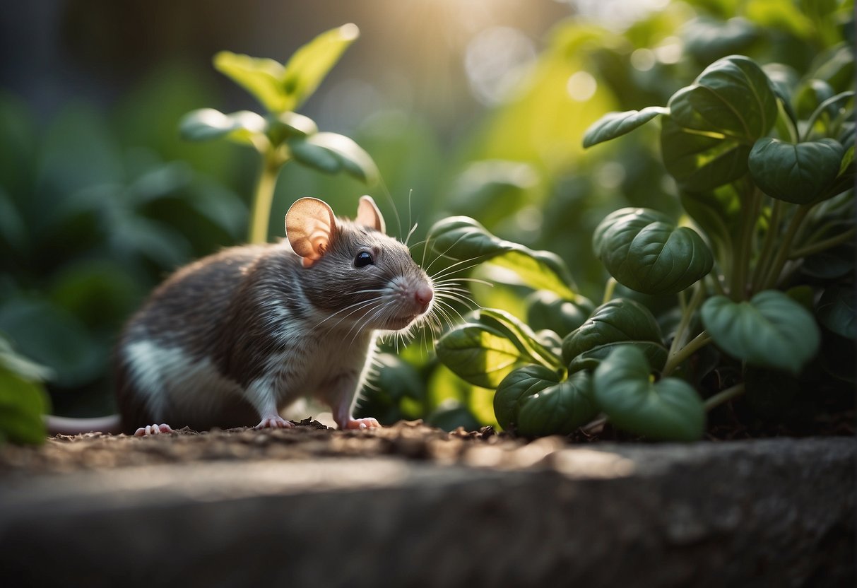 Rats munch on fresh basil leaves in a garden