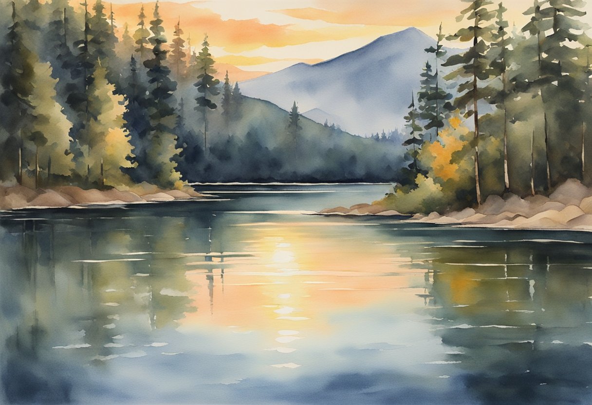 The sun sets behind the mountains, casting a warm glow over the tranquil lake. The gentle ripples on the water create a soothing rhythm, while the soft breeze carries the scent of pine trees